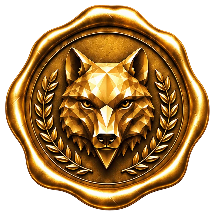 Selo do Método CONFIA: lobo frontal em medalhão dourado